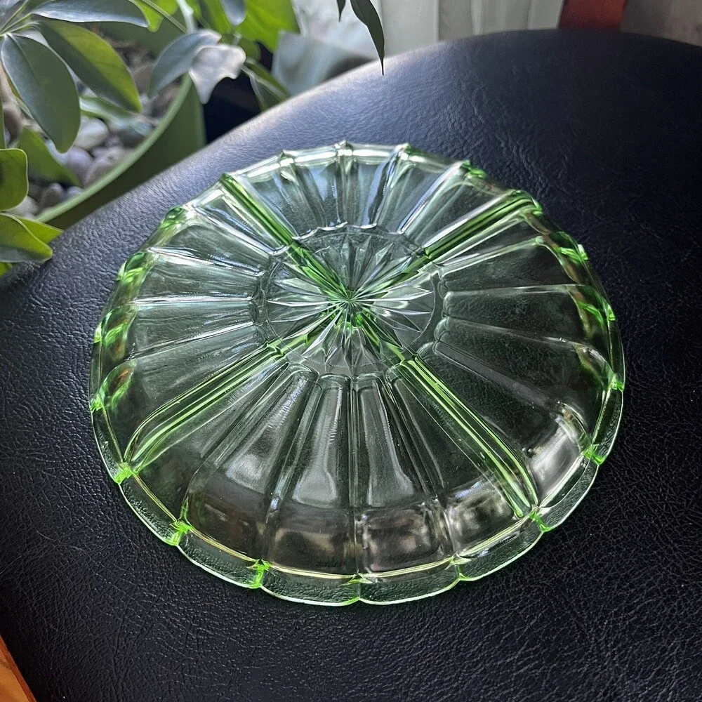 VTG 30s Uranium Green Depression Glass Divided Relish Dish Tray 7.25